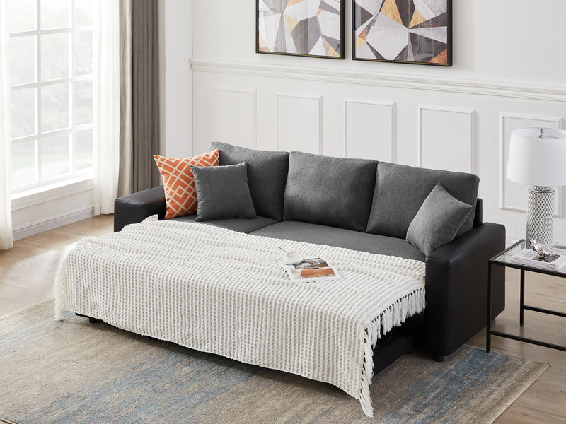 Artemax 92.5“Linen Reversible Sleeper Sectional Sofa with storage and 2 stools Steel Gray