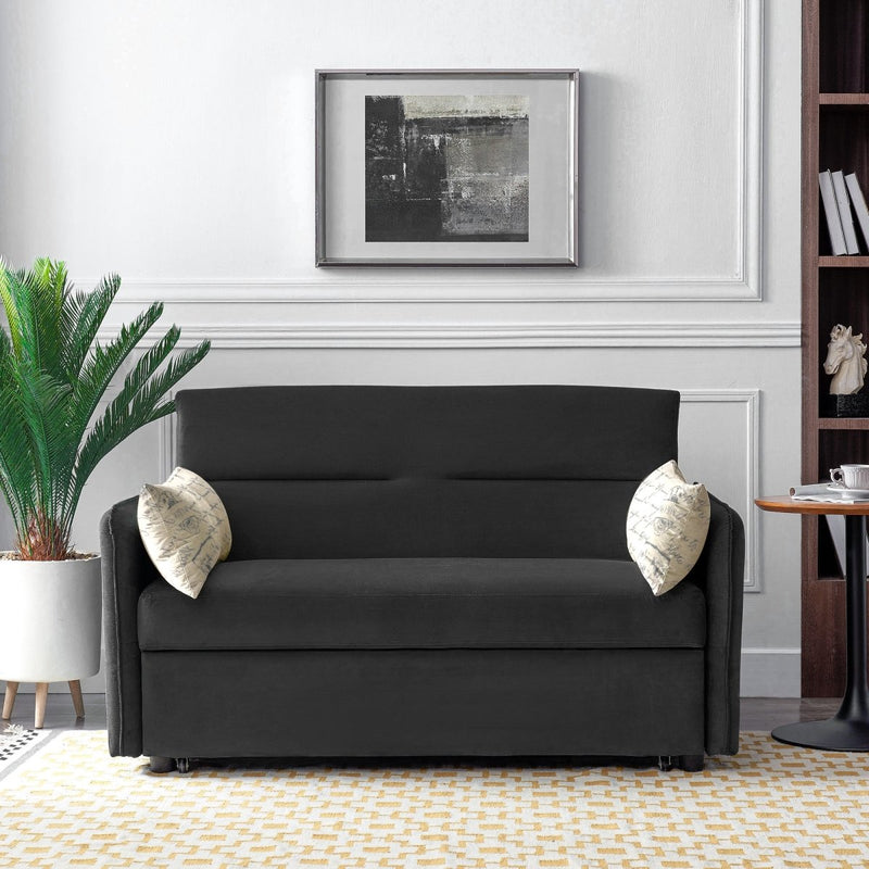 57"Modern Velvet Sofa with Pull-Out Sleeper Bed with 2 Pillows Adjustable Backrest for living room or office, 2 Big side pocket,Black - Atlantic Fine Furniture Inc