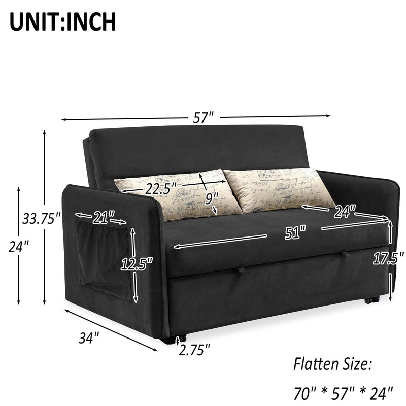 57"Modern Velvet Sofa with Pull-Out Sleeper Bed with 2 Pillows Adjustable Backrest for living room or office, 2 Big side pocket,Black - Atlantic Fine Furniture Inc