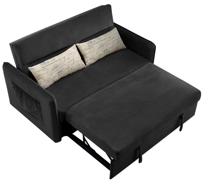 57"Modern Velvet Sofa with Pull-Out Sleeper Bed with 2 Pillows Adjustable Backrest for living room or office, 2 Big side pocket,Black - Atlantic Fine Furniture Inc