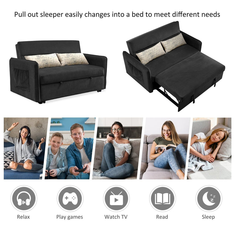 57"Modern Velvet Sofa with Pull-Out Sleeper Bed with 2 Pillows Adjustable Backrest for living room or office, 2 Big side pocket,Black - Atlantic Fine Furniture Inc