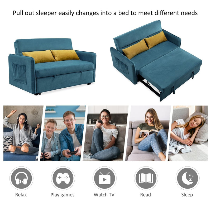 57"Modern Velvet Sofa with Pull-Out Sleeper Bed with 2 Pillows Adjustable Backrest for living room or office, 2 Big side pocket,Blue - Atlantic Fine Furniture Inc