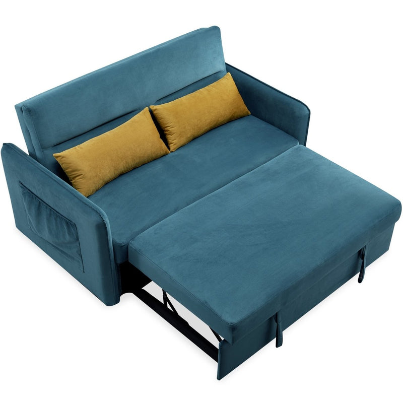 57"Modern Velvet Sofa with Pull-Out Sleeper Bed with 2 Pillows Adjustable Backrest for living room or office, 2 Big side pocket,Blue - Atlantic Fine Furniture Inc