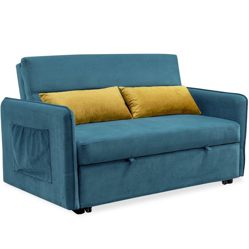 57"Modern Velvet Sofa with Pull-Out Sleeper Bed with 2 Pillows Adjustable Backrest for living room or office, 2 Big side pocket,Blue - Atlantic Fine Furniture Inc