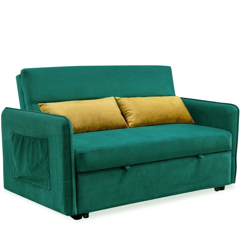 57"Modern Velvet Sofa with Pull-Out Sleeper Bed with 2 Pillows Adjustable Backrest for living room or office, 2 Big side pocket,Green - Atlantic Fine Furniture Inc