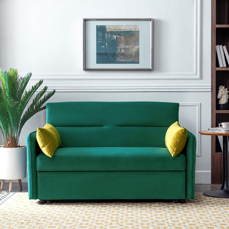 57"Modern Velvet Sofa with Pull-Out Sleeper Bed with 2 Pillows Adjustable Backrest for living room or office, 2 Big side pocket,Green - Atlantic Fine Furniture Inc