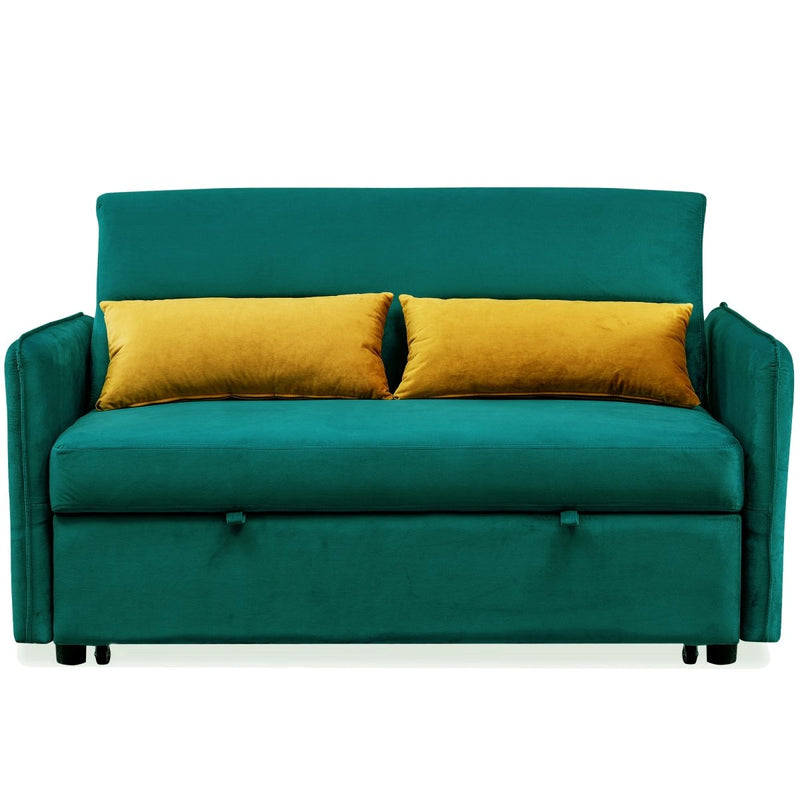 57"Modern Velvet Sofa with Pull-Out Sleeper Bed with 2 Pillows Adjustable Backrest for living room or office, 2 Big side pocket,Green - Atlantic Fine Furniture Inc