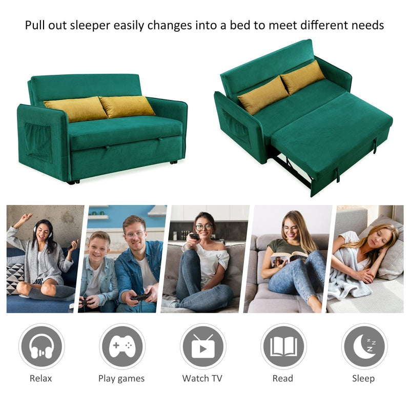 57"Modern Velvet Sofa with Pull-Out Sleeper Bed with 2 Pillows Adjustable Backrest for living room or office, 2 Big side pocket,Green - Atlantic Fine Furniture Inc