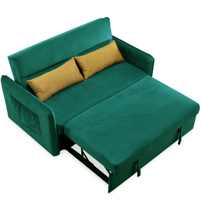 57"Modern Velvet Sofa with Pull-Out Sleeper Bed with 2 Pillows Adjustable Backrest for living room or office, 2 Big side pocket,Green - Atlantic Fine Furniture Inc