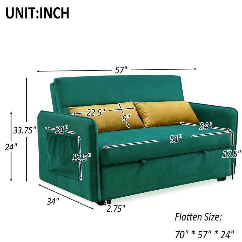 57"Modern Velvet Sofa with Pull-Out Sleeper Bed with 2 Pillows Adjustable Backrest for living room or office, 2 Big side pocket,Green - Atlantic Fine Furniture Inc