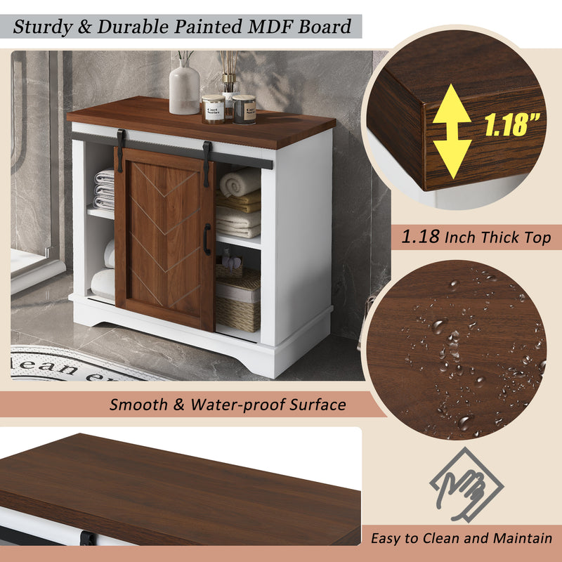 Bathroom Storage Cabinet, Freestanding Accent Cabinet, Sliding Barn Door, Thick Top, Adjustable Shelf, White and Brown