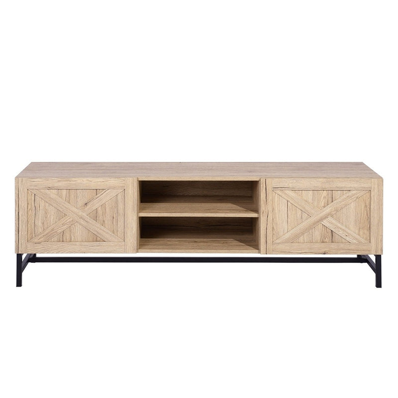 60" TV Stand with Open Doors and Storage Shelf, Oak & Black - Atlantic Fine Furniture Inc