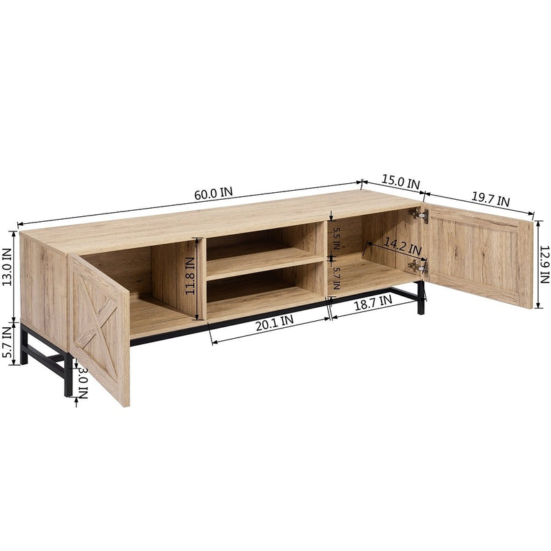 60" TV Stand with Open Doors and Storage Shelf, Oak & Black - Atlantic Fine Furniture Inc