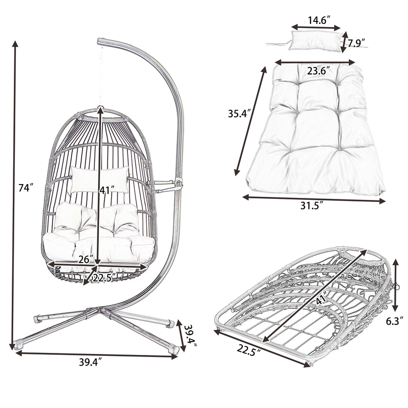 TOPMAX Patio Foldable Swing Chair Porch PE Wicker Egg Hanging Chair Hammock Chair w/Stand and Cushion for Outdoor Balcony Indoor Bedroom, Gray