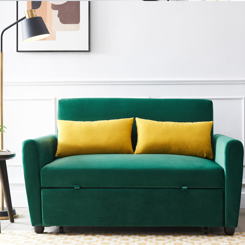 [VIDEO provided]55" Modern Velvet Sofa with Pull-Out Sleeper Bed with 2 Pillows Adjustable Backrest for Small Spaces Green