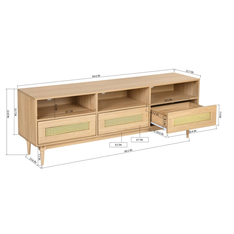 64" TV Stand for 65/70 inch TV Entertainment Cabinet Console with Rattan Storage Drawers for Living Media Room - Atlantic Fine Furniture Inc