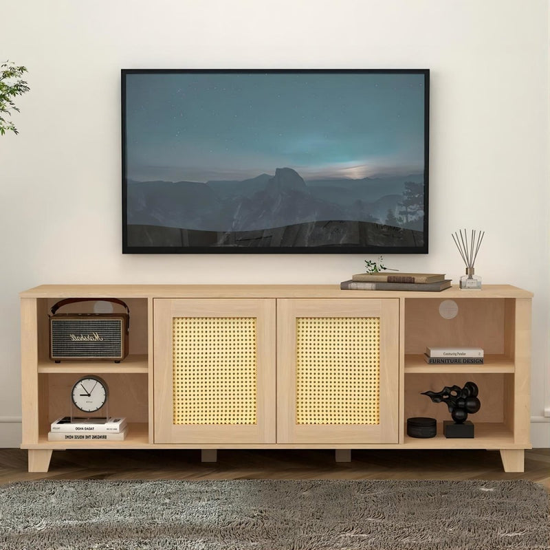 64.4" Rattan TV Stand for 65/70 inch TV Living Room Storage Console Entertainment Center,2 open doors - Atlantic Fine Furniture Inc