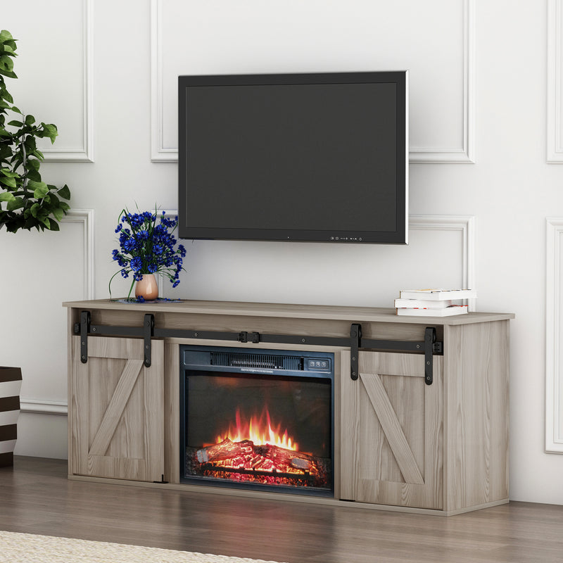 The television cabinet with an electronic fireplace，with Farmhouse Sliding Barn Door ,for TV up to 65 Inch Flat Screen MediaConsoleTable StorageCabinetWood Entertainment CenterSturdycolour：Washed Gray