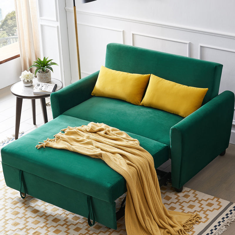 [VIDEO provided]55" Modern Velvet Sofa with Pull-Out Sleeper Bed with 2 Pillows Adjustable Backrest for Small Spaces Green