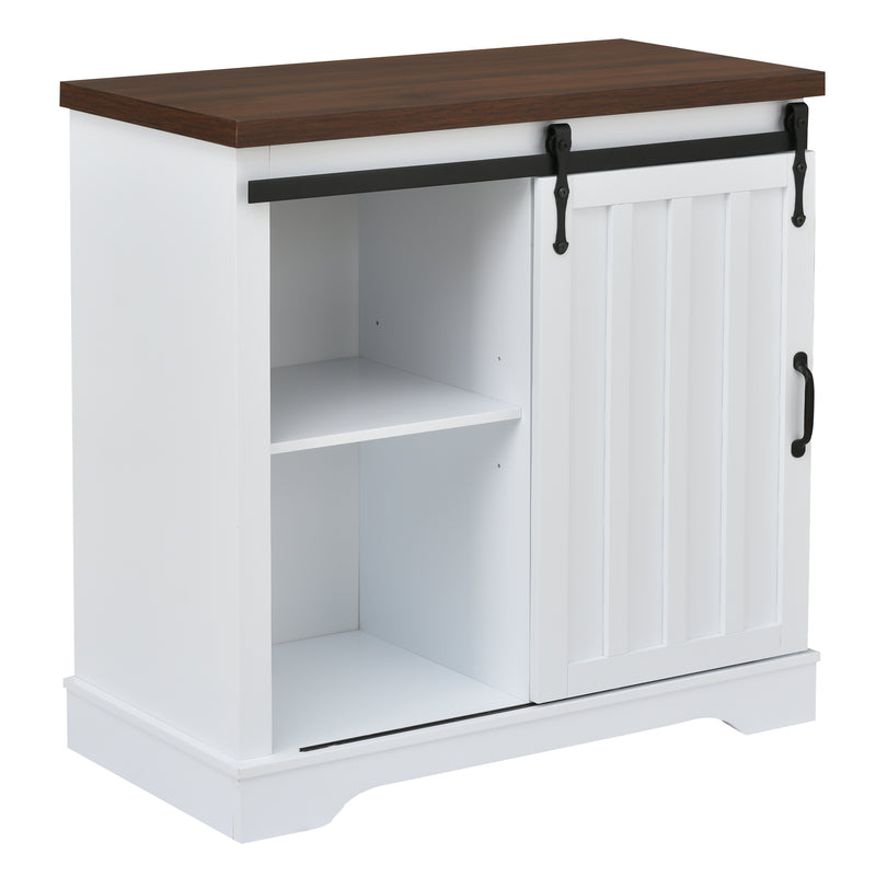 Bathroom Storage Cabinet, Freestanding Accent Cabinet, Sliding Barn Door, Thick Top, Adjustable Shelf, White and Brown