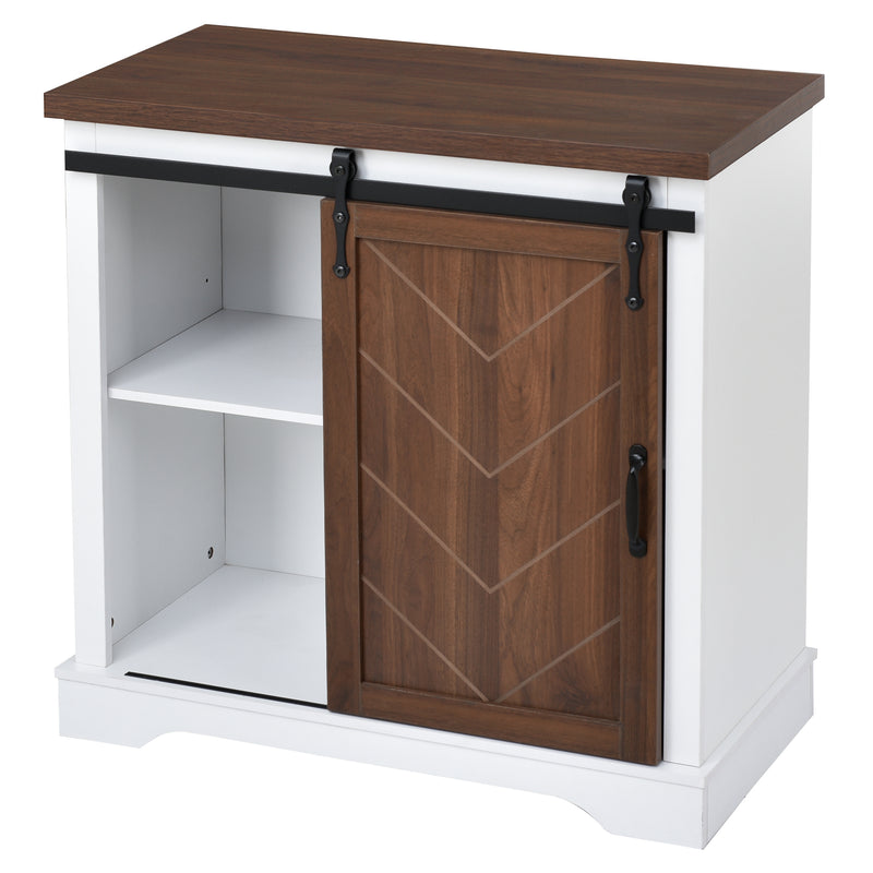 Bathroom Storage Cabinet, Freestanding Accent Cabinet, Sliding Barn Door, Thick Top, Adjustable Shelf, White and Brown