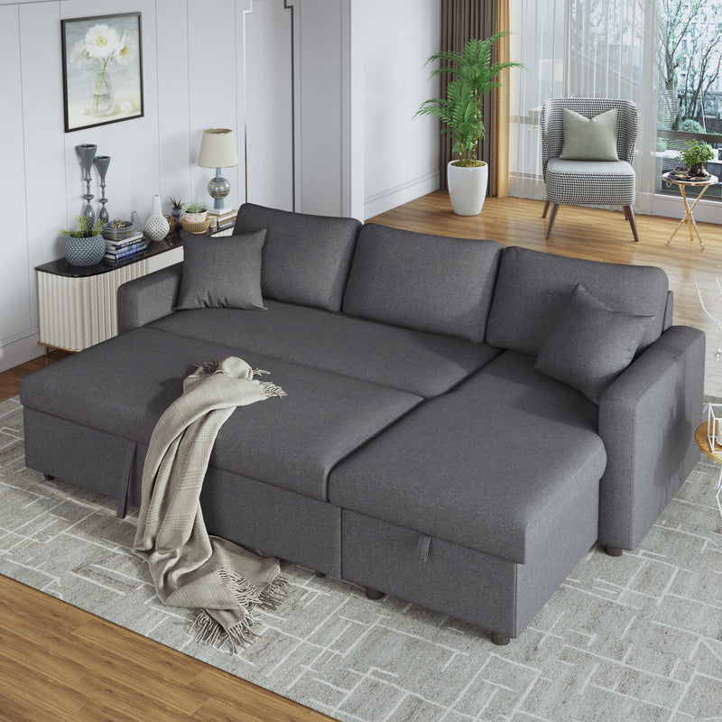 U_STYLE Upholstery  Sleeper Sectional Sofa Grey with Storage Space, 2 Tossing Cushions