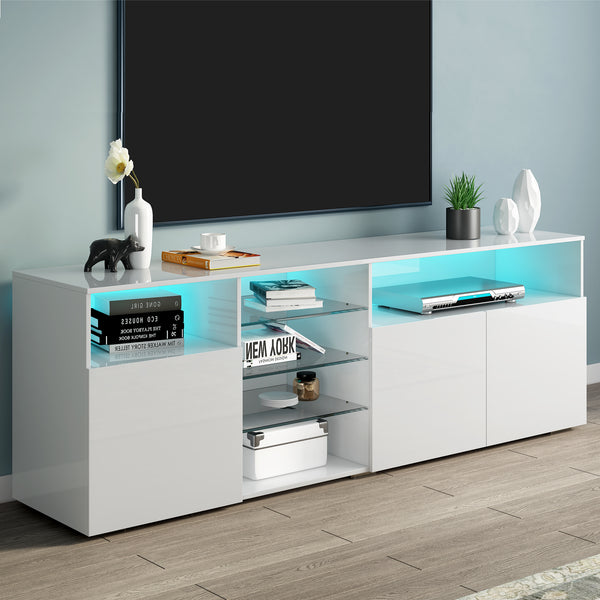 U-Can Modern, Stylish Functional TV stand with Color Changing LED Lights, Universal Entertainment Center, High Gloss TV Cabinet for 70+ inch TV, White