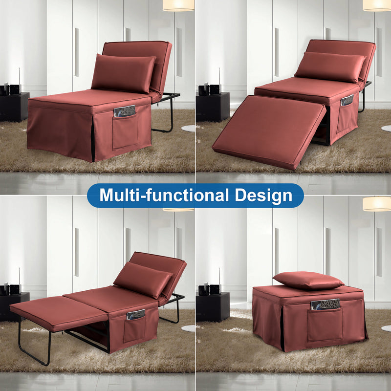 Sofa Bed 4 in 1 Ottoman Sleeper Bed Convertible Chair Bed with Adjustable Back Breathable Sleeper Guest Bed for Small Room, Orange Red