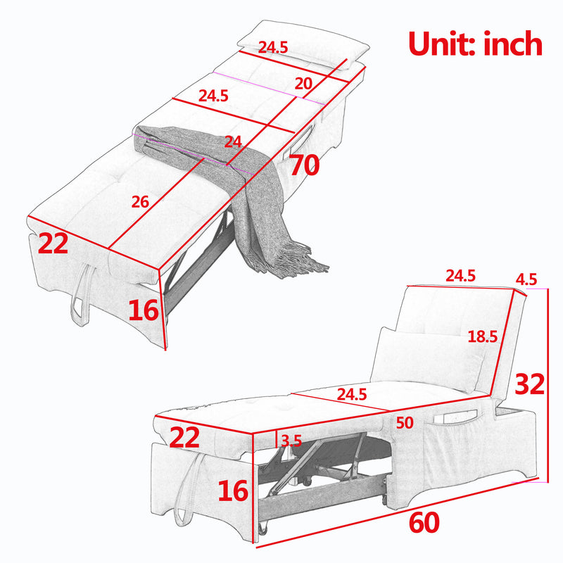 [Video] Welike 24.5"W Sleeper sofa bed, convertible chair 4 in 1 multifunctional folding sleeper sofa bed pull out sleeper sofa bed with adjustable backrest, single bed chair for small spaces