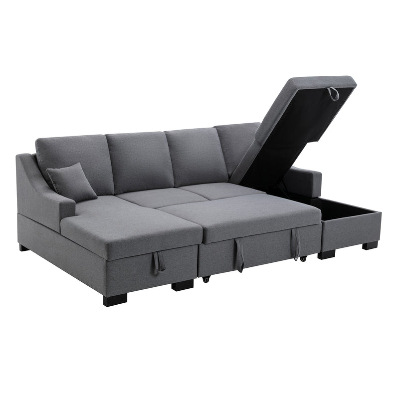 U_STYLE Upholstery Sleeper Sectional Sofa with Double Storage Spaces, 2 Tossing Cushions, Grey