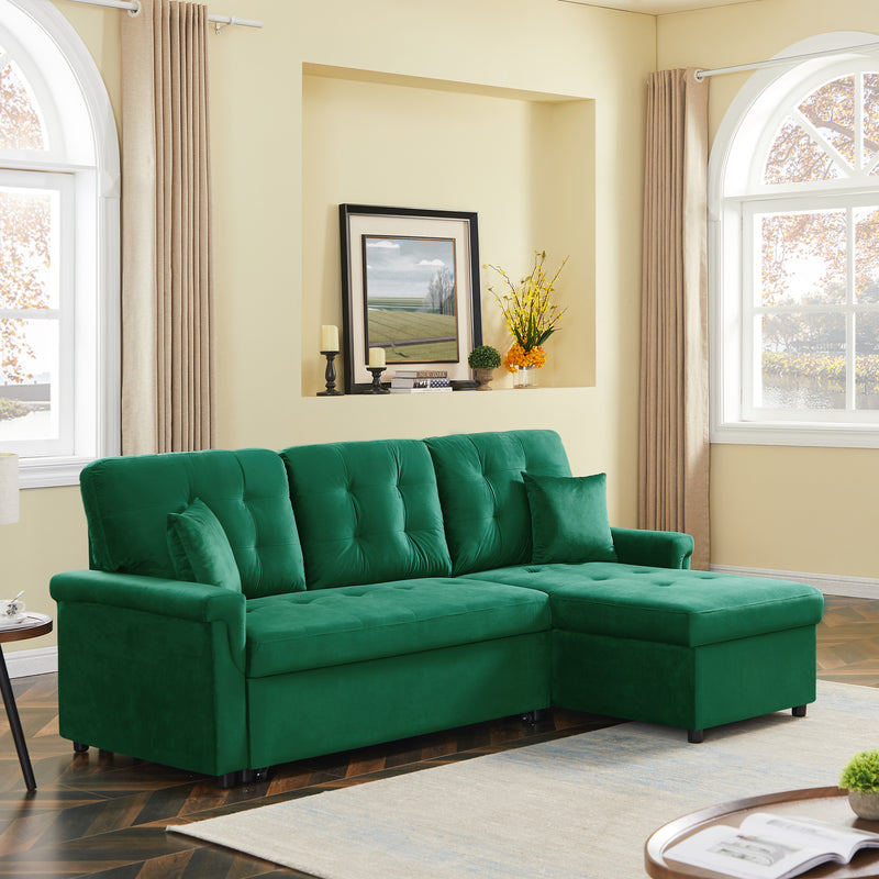 Velvet Reversible Sectional Sofa with Pull Out sleeper, L-Shaped Couch Chaise with Storage For Living Room & Apartment