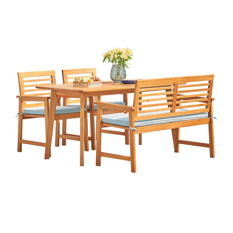 Waimea Honey 4-Piece Slatted Eucalyptus Wood Patio Dining Set with Bench and Cushion