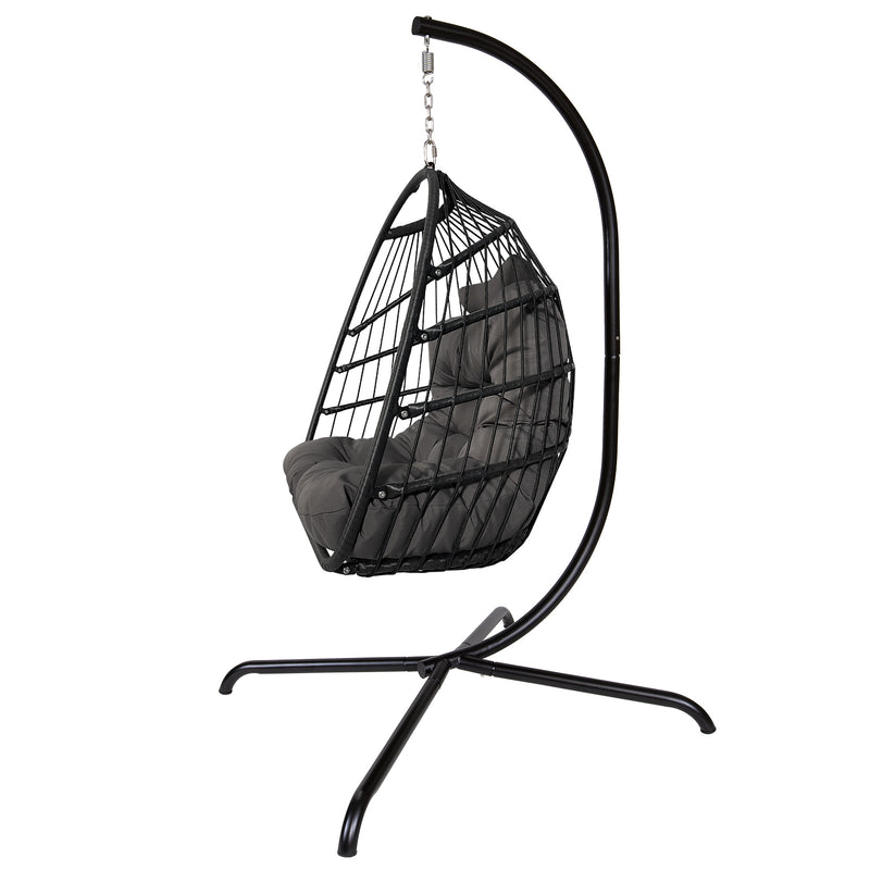 Swing Egg Chair with Stand Indoor Outdoor Wicker Rattan Patio Basket Hanging Chair with C Type bracket , with cushion and pillow,Patio Wicker folding Hanging Chair( Black New arrivals within 10 days)