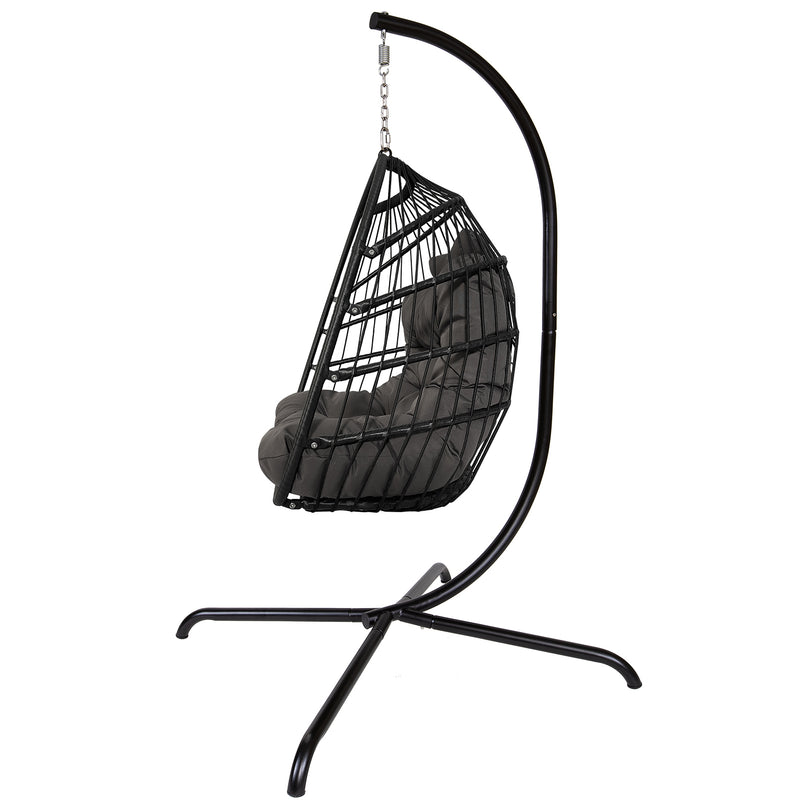 Swing Egg Chair with Stand Indoor Outdoor Wicker Rattan Patio Basket Hanging Chair with C Type bracket , with cushion and pillow,Patio Wicker folding Hanging Chair( Black New arrivals within 10 days)