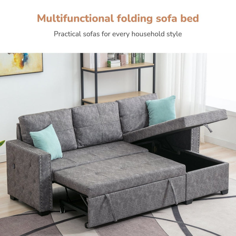 84" L Sectional Sofa with 2 USB Charger,2 seats Sofa Bed With Storage chaise,Sleeper Independent Use as Coffee Table,Nail headed,3-seat - Atlantic Fine Furniture Inc