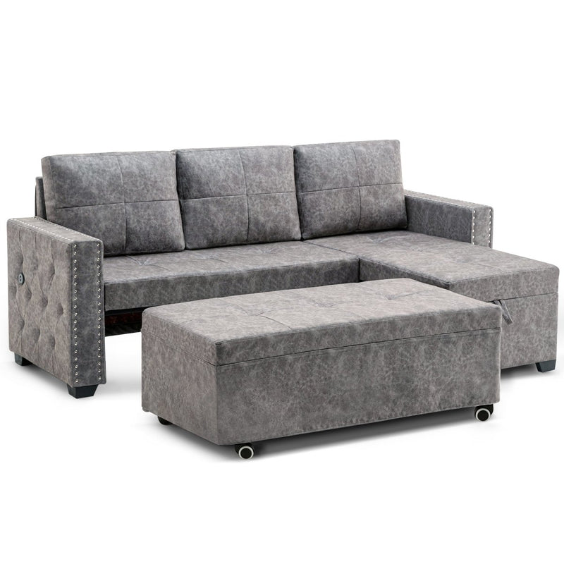 84" L Sectional Sofa with 2 USB Charger,2 seats Sofa Bed With Storage chaise,Sleeper Independent Use as Coffee Table,Nail headed,3-seat - Atlantic Fine Furniture Inc