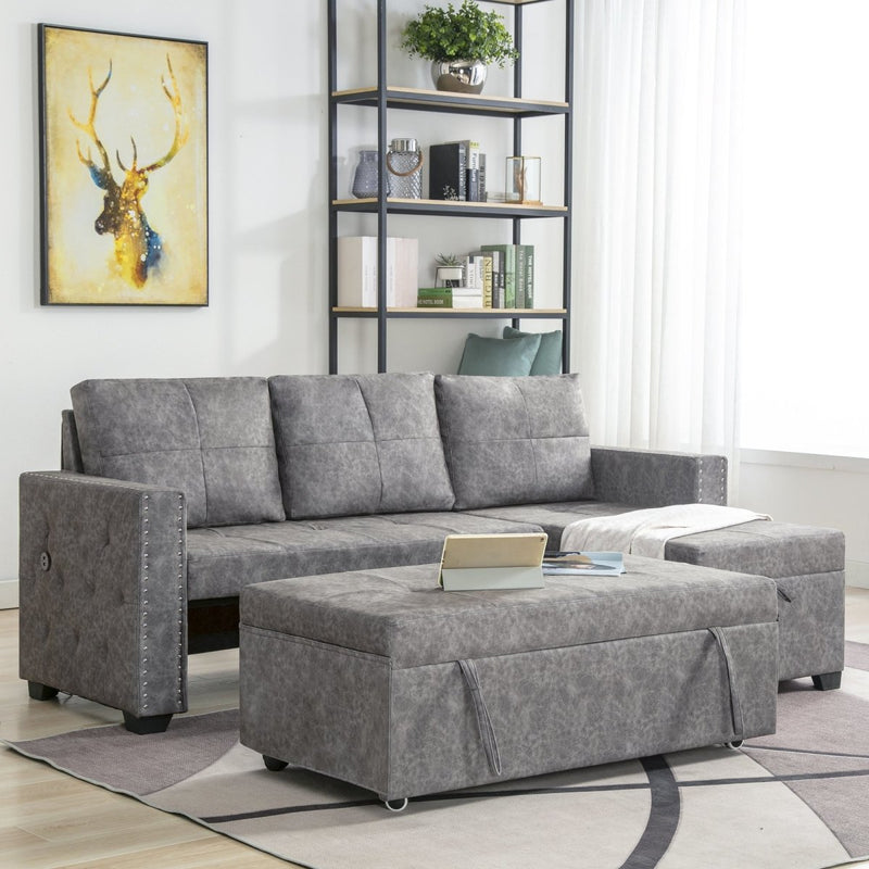 84" L Sectional Sofa with 2 USB Charger,2 seats Sofa Bed With Storage chaise,Sleeper Independent Use as Coffee Table,Nail headed,3-seat - Atlantic Fine Furniture Inc