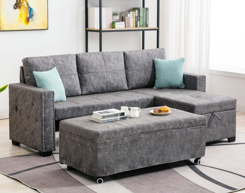 84" L Sectional Sofa with 2 USB Charger,2 seats Sofa Bed With Storage chaise,Sleeper Independent Use as Coffee Table,Nail headed,3-seat - Atlantic Fine Furniture Inc