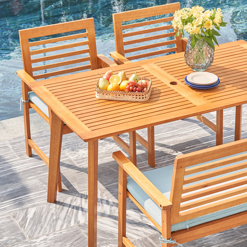 Waimea Honey 4-Piece Slatted Eucalyptus Wood Patio Dining Set with Bench and Cushion