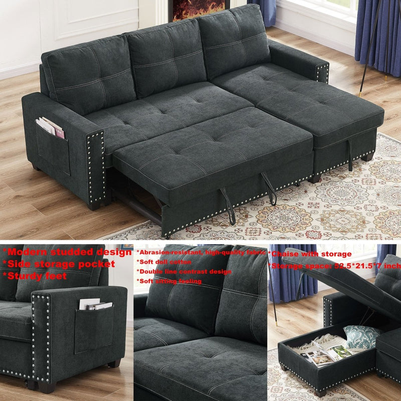 85 inch Sectional Sofa with Pull Out Bed, Solid Wood & Fabric Upholstered 2 Seats Sofa and Reversible Chaise Lounge with Storage, Modern Design L-Shaped Sleeper Sofa for Living Room, Black - Atlantic Fine Furniture Inc