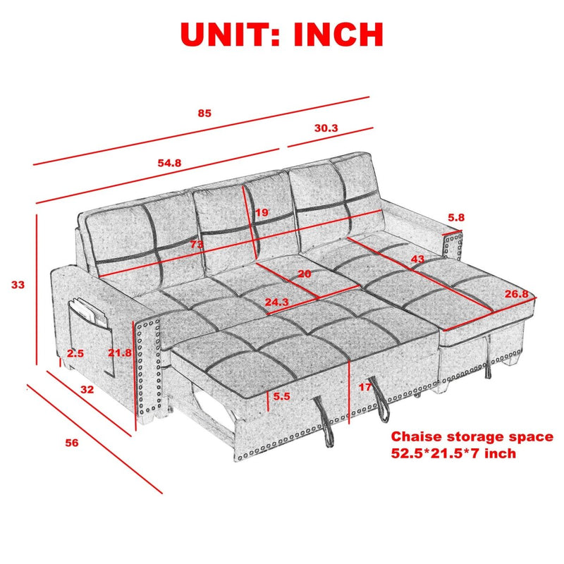 85 inch Sectional Sofa with Pull Out Bed, Solid Wood & Fabric Upholstered 2 Seats Sofa and Reversible Chaise Lounge with Storage, Modern Design L-Shaped Sleeper Sofa for Living Room, Black - Atlantic Fine Furniture Inc