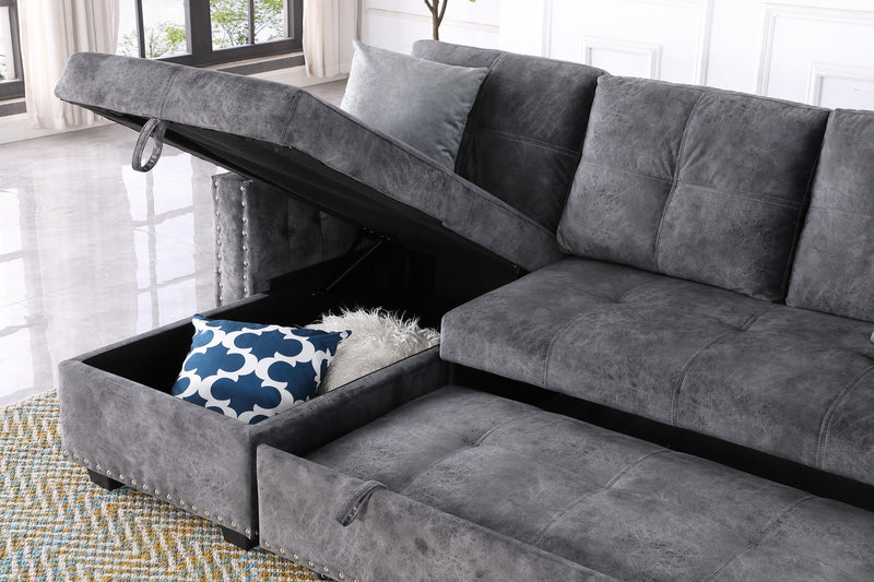 Reversible Sleeper Sectional Storage Sofa Bed,Corner Sofa-Bed With Storage,3 Seat Both Left Handed And Right Handed, Nailheaded