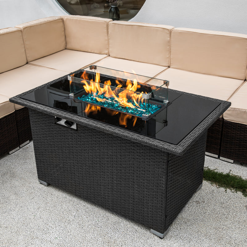 Outdoor 44" Gas Propane Fire pit  Table  Rectangle  50,000 BTU with  8mm Tempered Glass Tabletop & Blue Stone& Steel table lid &Table waterproof dusty Cover ,ETL Certification (Grey)