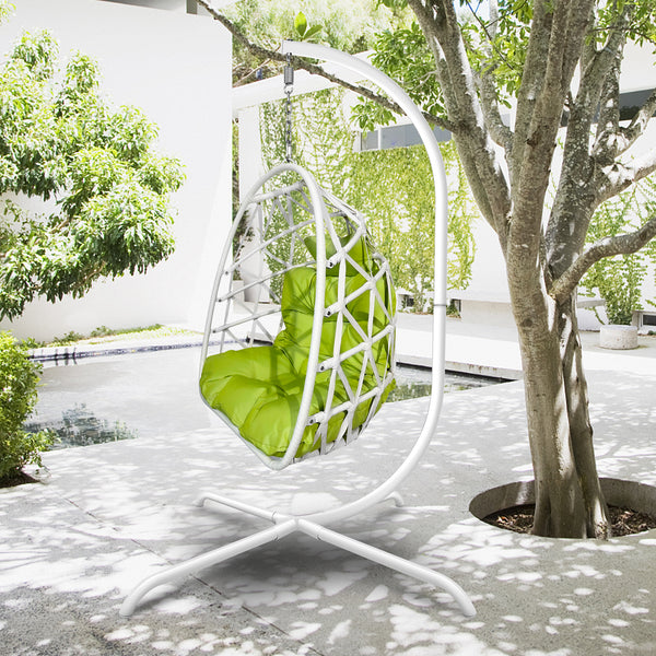 Swing Egg Chair with Stand Indoor Outdoor Wicker Rattan Patio Basket Hanging Chair with C Type bracket , with cushion and pillow,Patio Wicker folding Hanging Chair