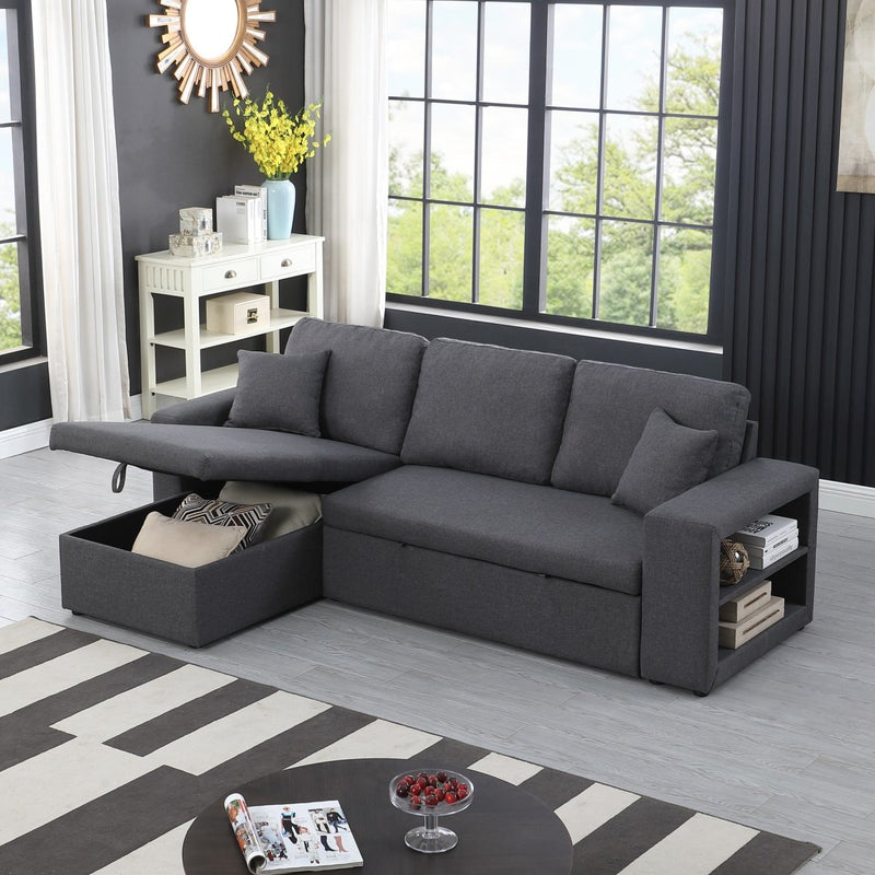 91" Wide 100% Linen Reversible Sleeper Sofa and Storage Chaise with Small Bookcase - Atlantic Fine Furniture Inc