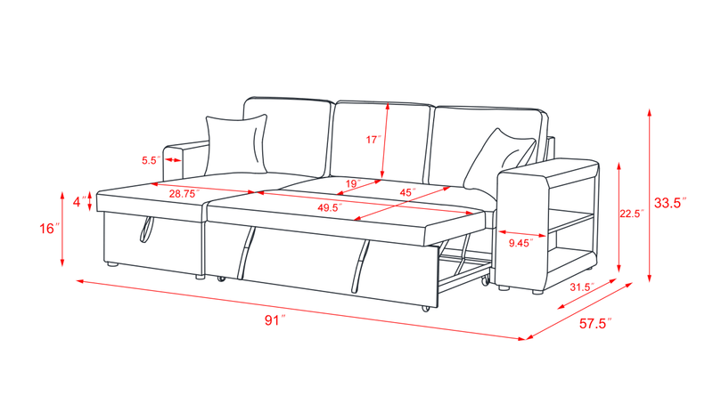 91" Wide 100% Linen Reversible Sleeper Sofa and Storage Chaise with Small Bookcase - Atlantic Fine Furniture Inc