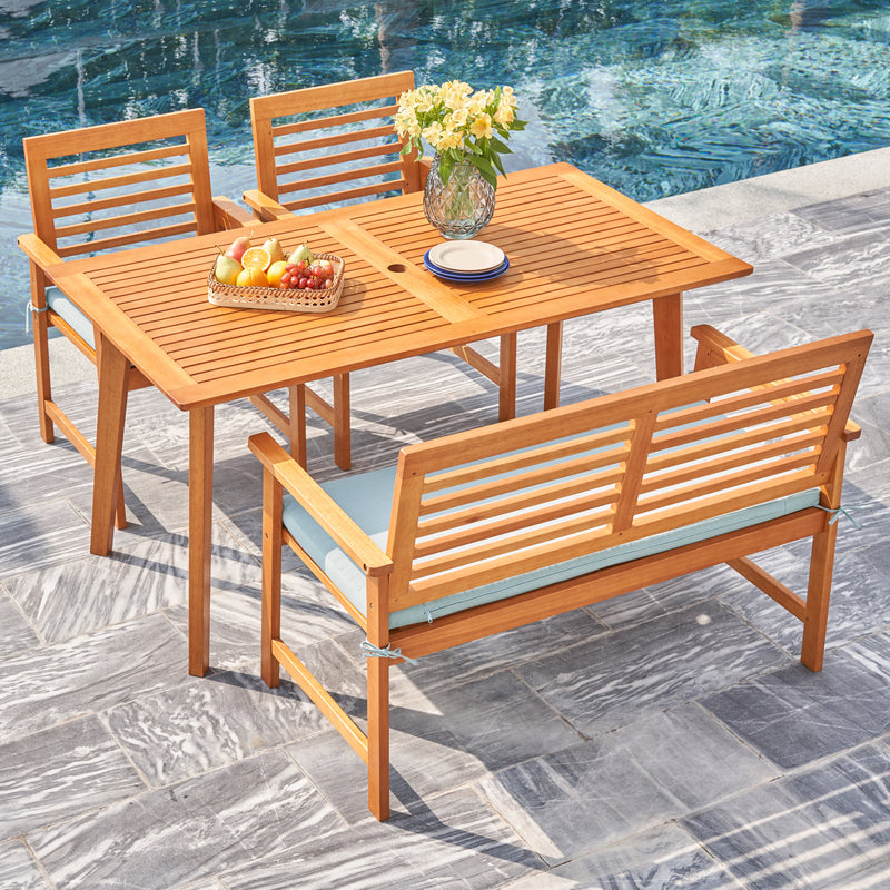 Waimea Honey 4-Piece Slatted Eucalyptus Wood Patio Dining Set with Bench and Cushion