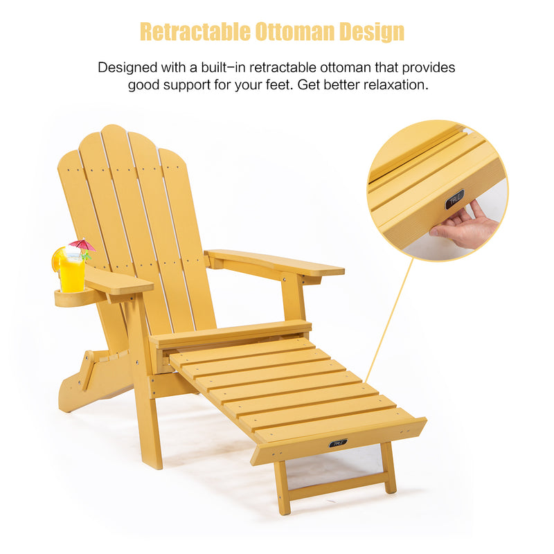 TALE Folding Adirondack Chair with Pullout Ottoman with Cup Holder, Oversized, Poly Lumber,  for Patio Deck Garden, Backyard Furniture, Easy to Install,YELLOW. Banned from selling on Amazon