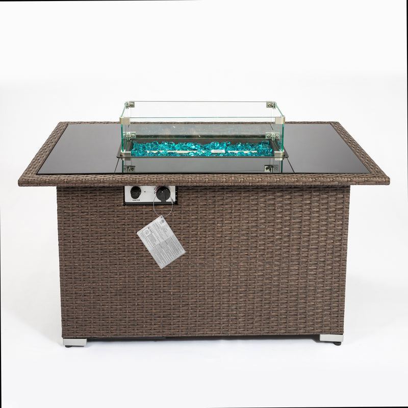 Outdoor 44" Propane Fire pit  Table  Rectangle  50,000 BTU with  8mm Tempered Glass Tabletop & Blue Stone& Steel table lid &Table waterproof dusty Cover ,ETL Certification (Brown)