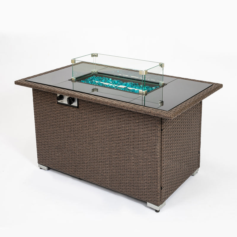 Outdoor 44" Propane Fire pit  Table  Rectangle  50,000 BTU with  8mm Tempered Glass Tabletop & Blue Stone& Steel table lid &Table waterproof dusty Cover ,ETL Certification (Brown)